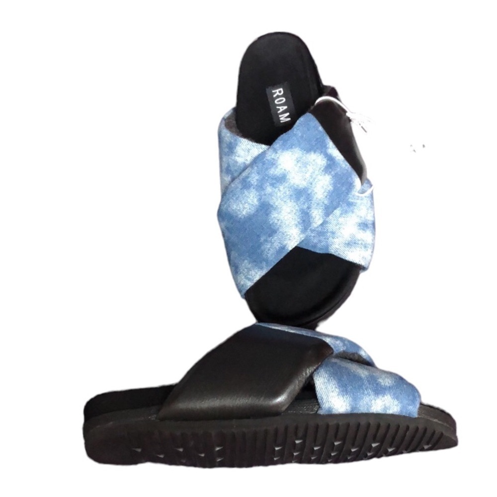 NIB New In Box Roam Denim Patch Slides Size 36 6 Blue Tie Dye Black Leather